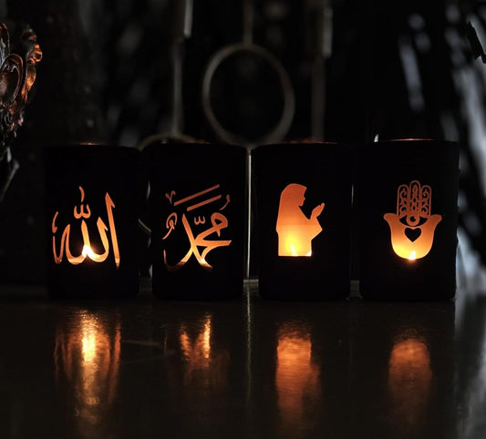 Elegant Black Glass Candle Holder - Islamic Decor, Ramadan & Eid Gift, Spiritual Illumination