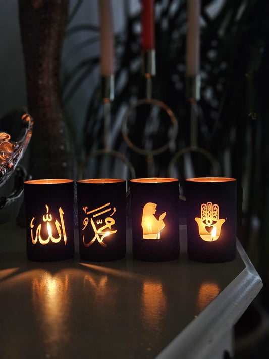 Elegant Black Glass Candle Holder - Islamic Decor, Ramadan & Eid Gift, Spiritual Illumination