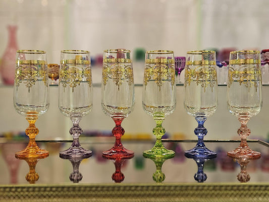 Bohemian Hand-Painted Gold Champagne Glasses: Luxury Crystal Goblets Set of 6 in Assorted Colors - 180 ml, 17 cm height