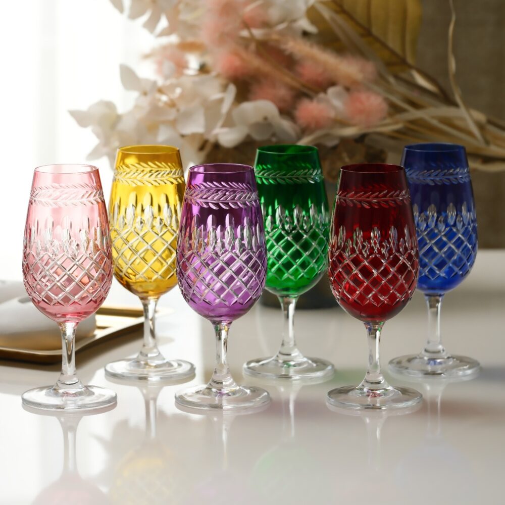 Laurel Crown Cut Grandeur colored crystal glasses set of 6 multicolor stemmed wine glasses