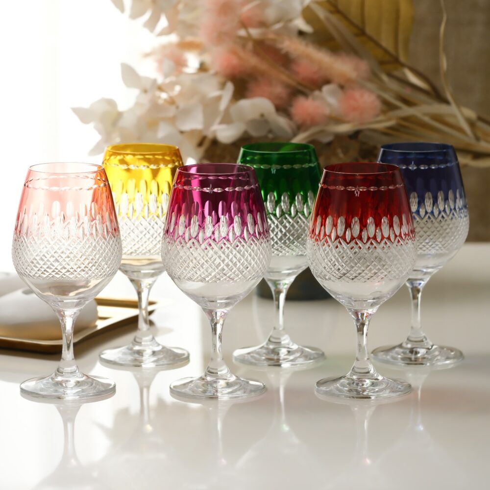 Laurel Crown Cut Imperial crystal wine goblets set of 6 multicolor colored stemmed glasses