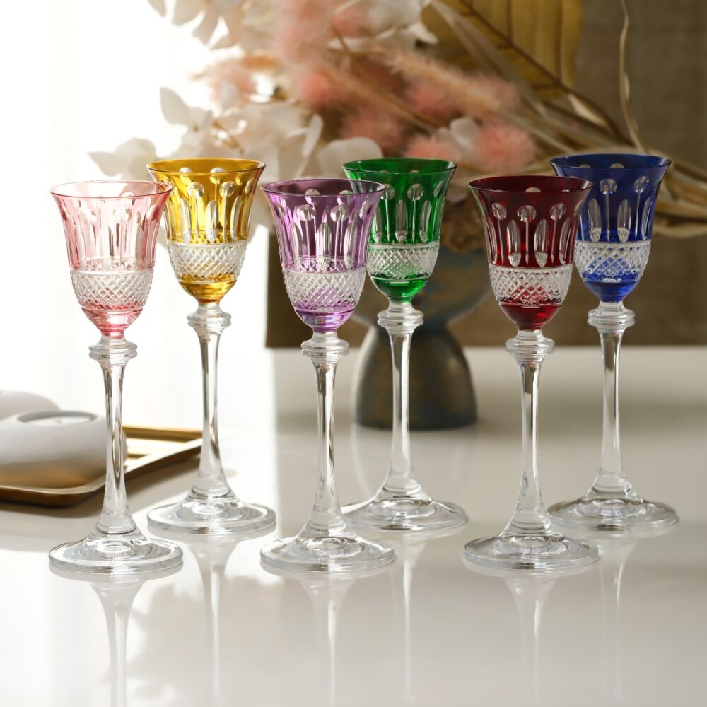 Dogal Lattice Cut Serenity cut crystal stemware set of 6 multicolor colored stemmed wine glasses