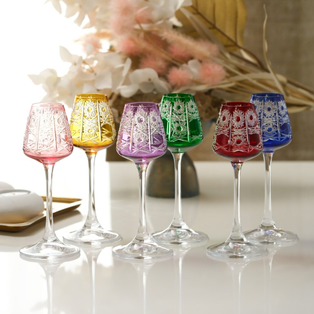 Lace Etch Noble cut glass goblets set of 6 multicolor colored stemmed crystal glasses