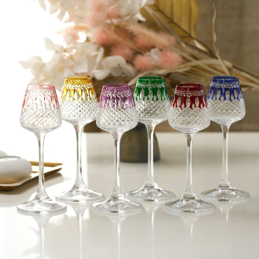 Laurel Crown Cut Noble cut crystal wine glasses set of 6 multicolor colored stemmed glasses
