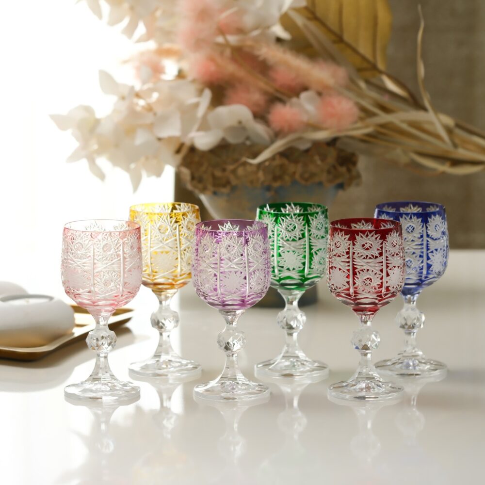 Lace Etch Duchess cut crystal goblets set of 6 multicolor stemmed wine glasses