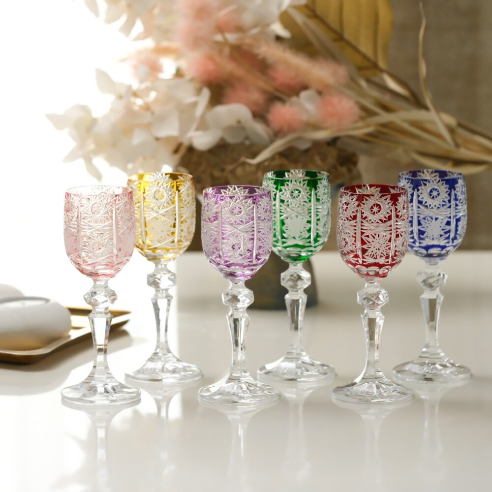 Lace Etch Evelisse bohemia cut crystal liqueur glasses set of 6 multicolor stemmed glasses
