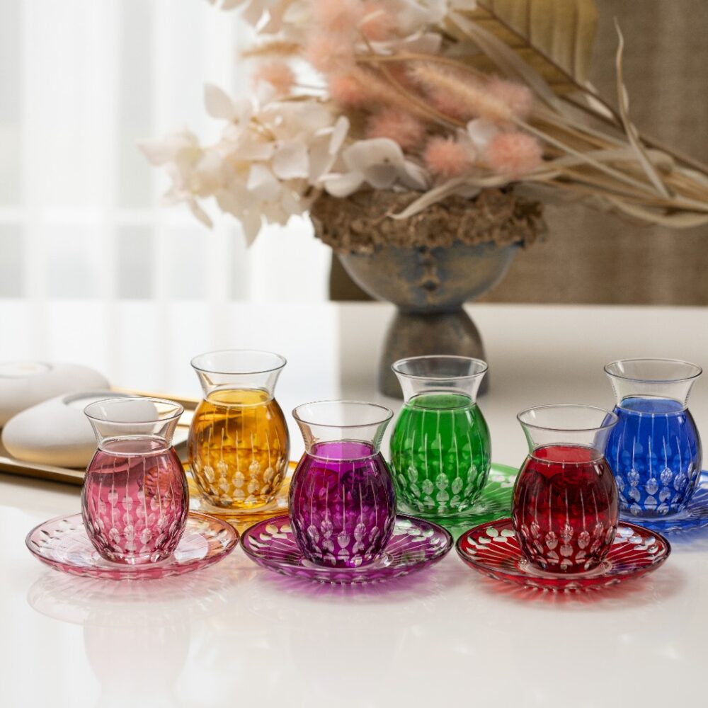 Dogal Gem Elysian glass Turkish tea set of 6 colored crystal cups with saucers