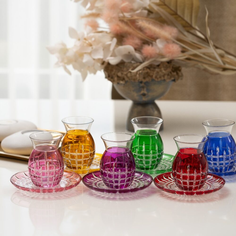 Prism Lines Elysian traditional Turkish tea set of 6 colored crystal cups with saucers