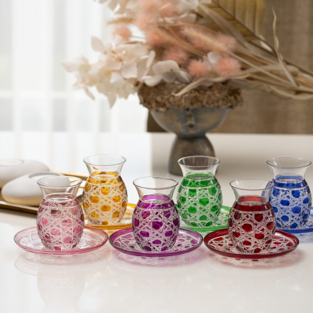 Jewel Net Elysian Turkish tea glass set of 6 crystal net pattern colored cups with saucers